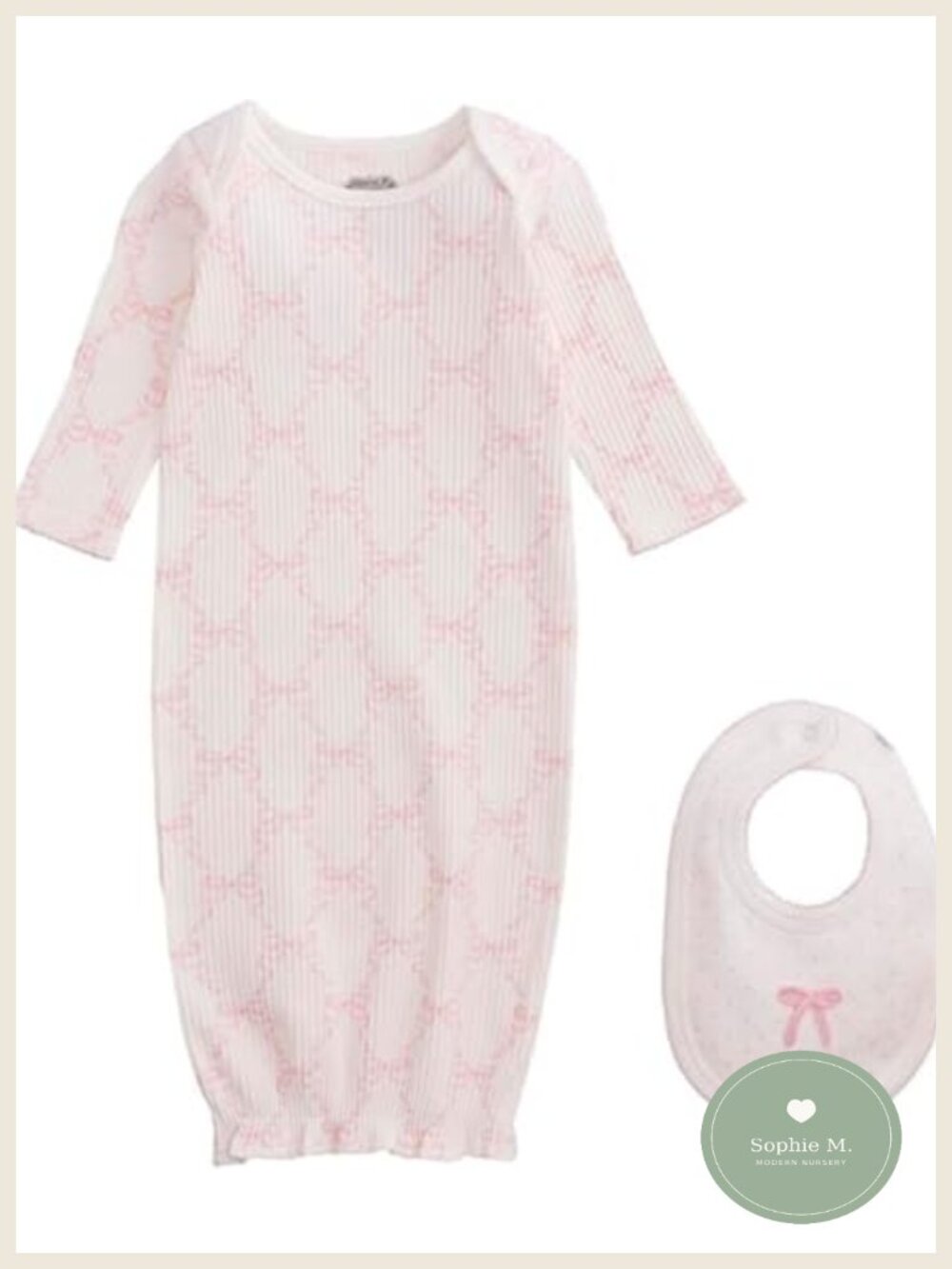 Baby Girl Cotton Rib Gown with Bib Set - Newborn